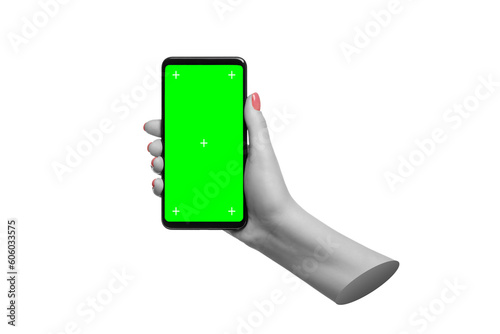 Smartphone with green screen in black and white woman's hand. Modern, 3d trendy style.