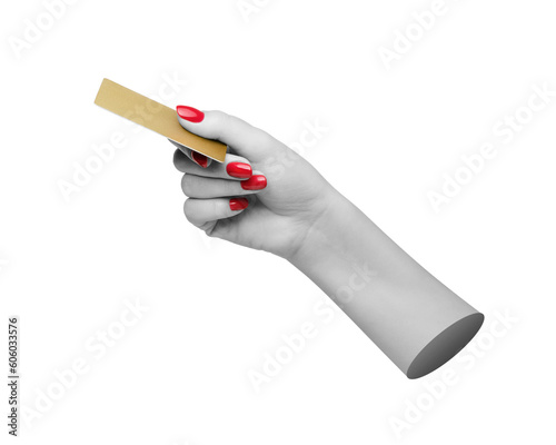 Plastic gold credit card in a black and white statue like woman's hand, red nail polish. Modern, 3d trendy style.