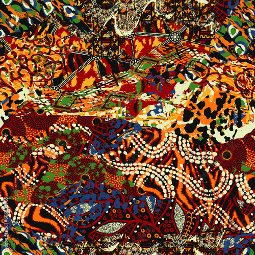 African traditional fabric and wild animal skins patchwork wallpaper abstract vector seamless pattern
