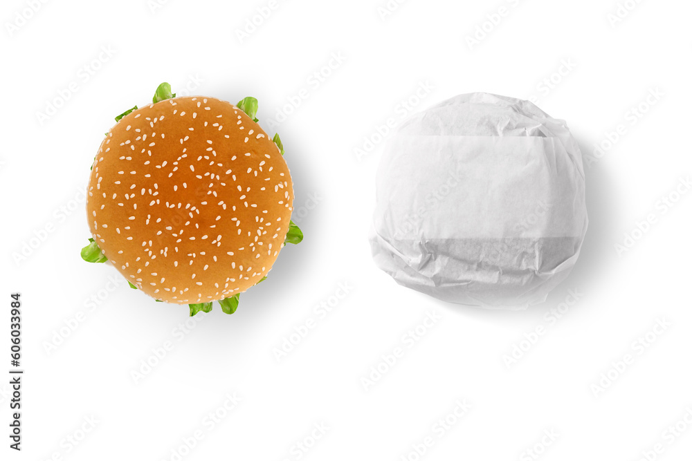 Burger and paper wrapped burger mockup isolated on white background