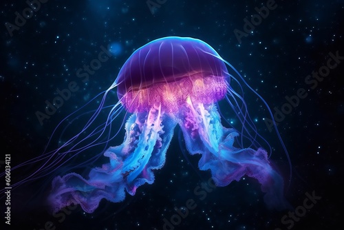 Neon Jellyfish Fantasy: Medusa Glides Through Cosmic Space Amongst Dazzling Stars, Generative AI. © ParinApril