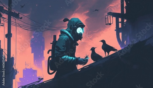 man with gas mask feeding a bird in futuristic city with old buildings at night, digital art style, illustration painting, Generative AI