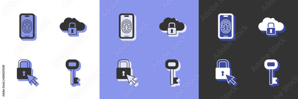 Set Old key, Mobile with fingerprint scanner, Lock and Cloud computing lock icon. Vector Set Old key, Mobile with fingerprint scanner, Lock and Cloud computing lock icon. Vector