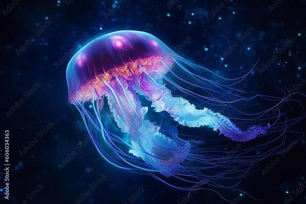 Fototapeta premium Neon Jellyfish Fantasy: Medusa Glides Through Cosmic Space Amongst Dazzling Stars, Generative AI.