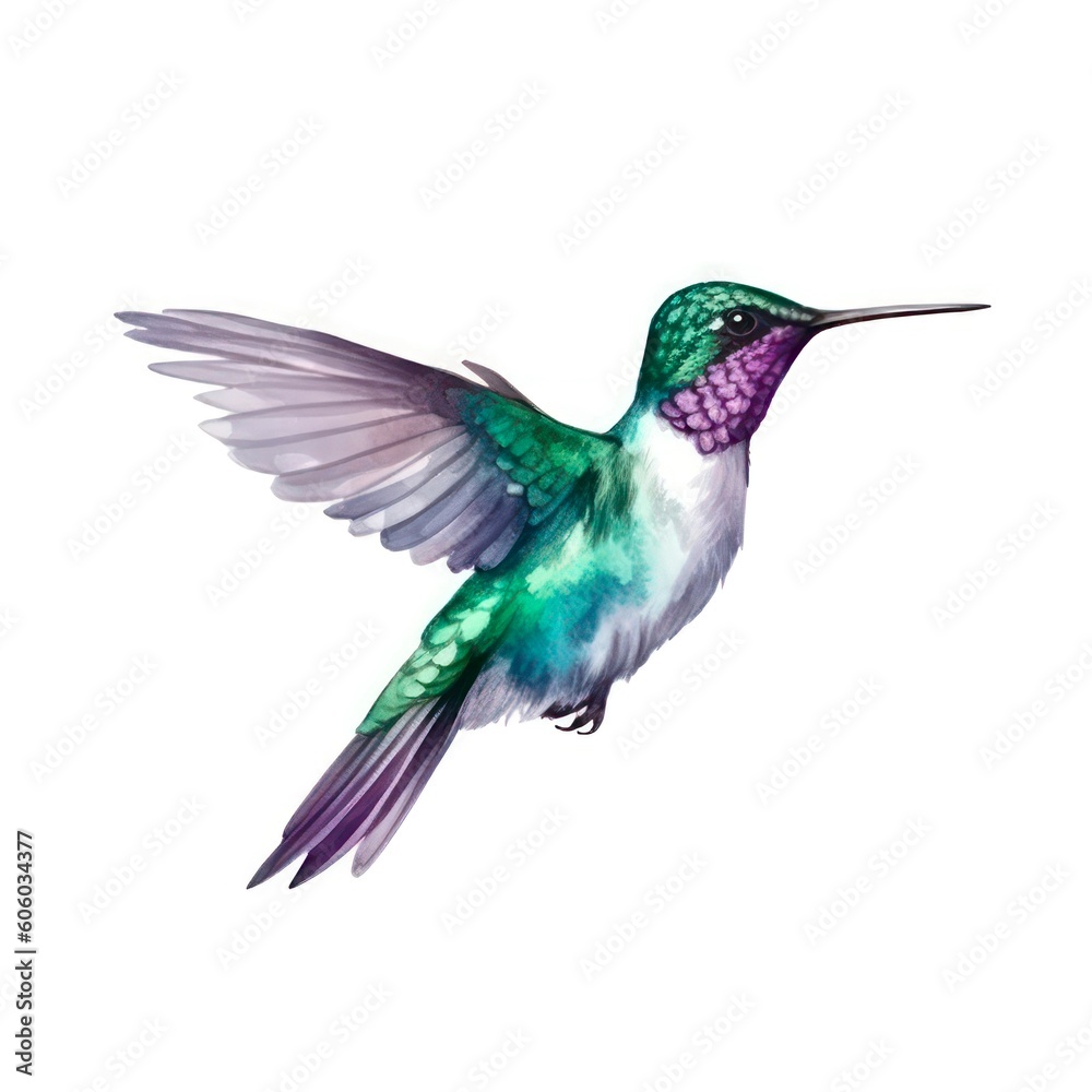 Hummingbird on white background in watercolor style. Beautiful tiny colibri bird. Generative AI.