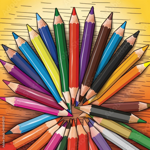 Cover illustration for a coloring book for children, colored large crayons and pencils