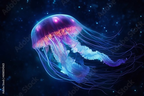 Neon Jellyfish Fantasy: Medusa Glides Through Cosmic Space Amongst Dazzling Stars, Generative AI. © ParinApril