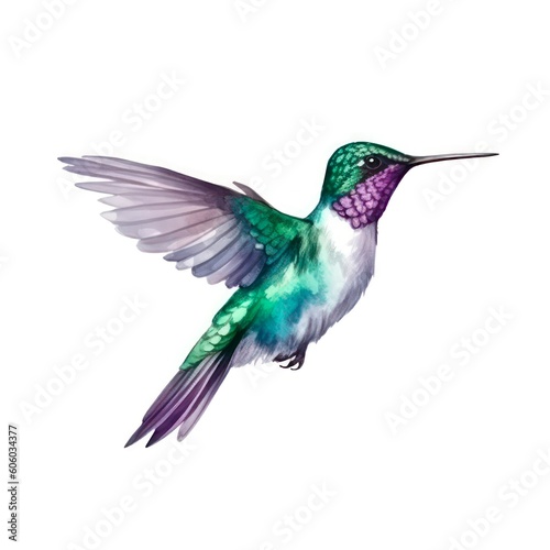 Hummingbird on white background in watercolor style. Beautiful tiny colibri bird. Generative AI. © Hanna