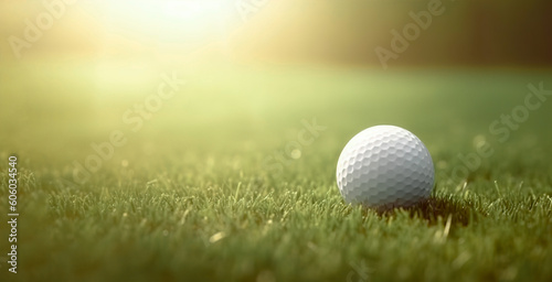 Golf ball on grass with copy space. Banner. Copy space. AI generation