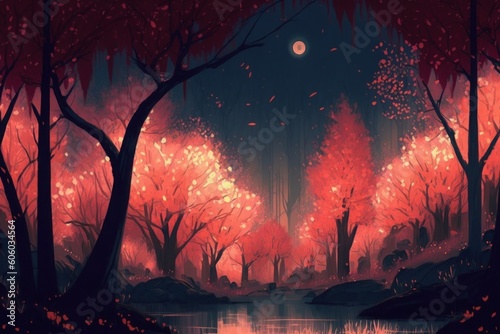 night scene of autumn forest, fantasy landscape painting, Generative AI