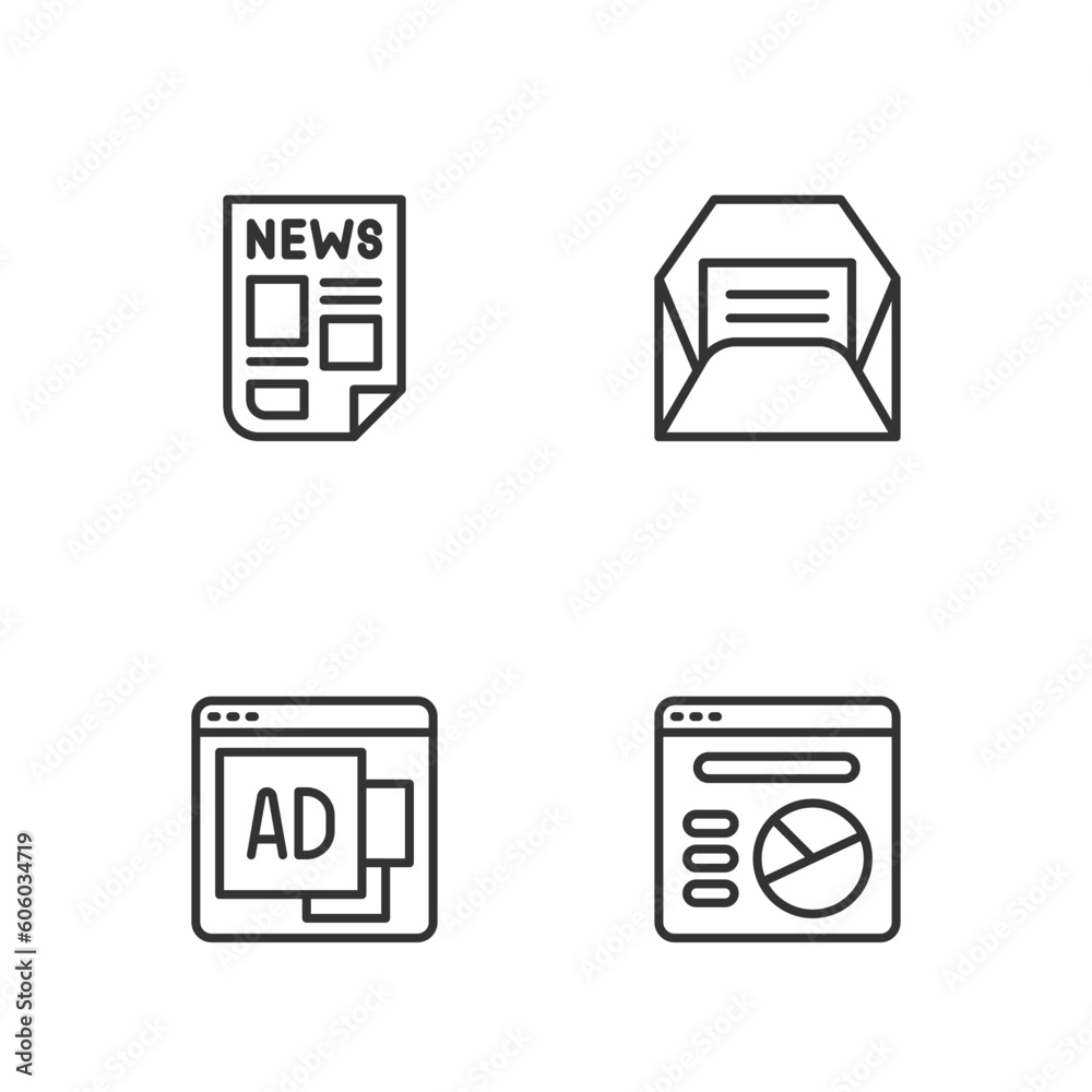 Set line Pie chart infographic, Advertising, News and Envelope icon. Vector Set line Pie chart infographic, Advertising, News and Envelope icon. Vector