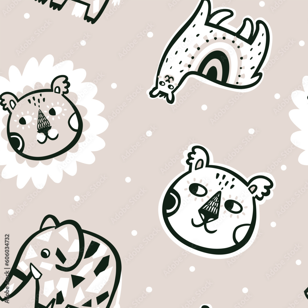 Vector seamless pattern with cute llama, elephant, lion and bear faces. Simple contemporary style Vector seamless pattern with cute llama, elephant, lion and bear faces. Simple contemporary style