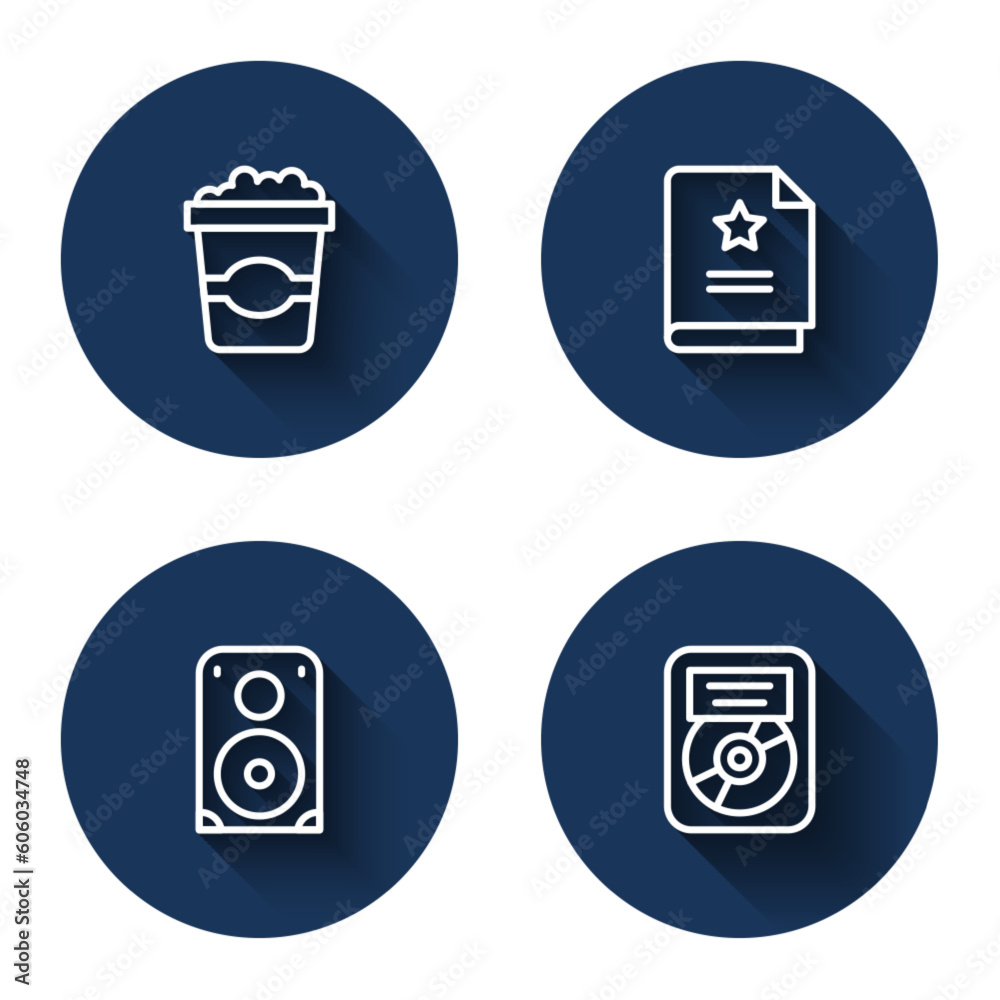 Set line Popcorn in cardboard box, Scenario, Stereo speaker and CD disk award frame with long shadow. Blue circle button. Vector Set line Popcorn in cardboard box, Scenario, Stereo speaker and CD disk award frame with long shadow. Blue circle button. Vector