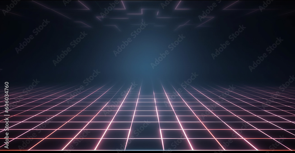 Digital Network Connection Formed by Moving Neon Blue and Orange Wireframe Pattern on Dark Background, Generative AI. Digital Network Connection Formed by Moving Neon Blue and Orange Wireframe Pattern on Dark Background, Generative AI.