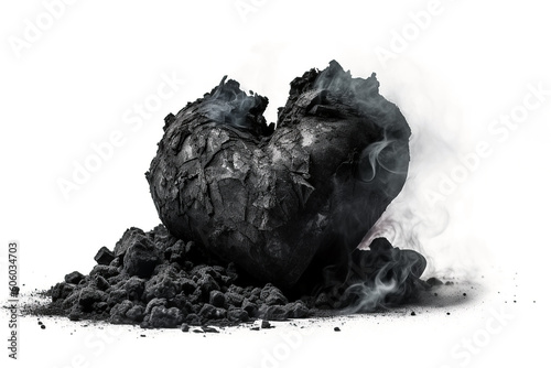 broken black heart of cooling coals with smoke on white background. Concept of separation and breakup of relationships. Generative AI illustration