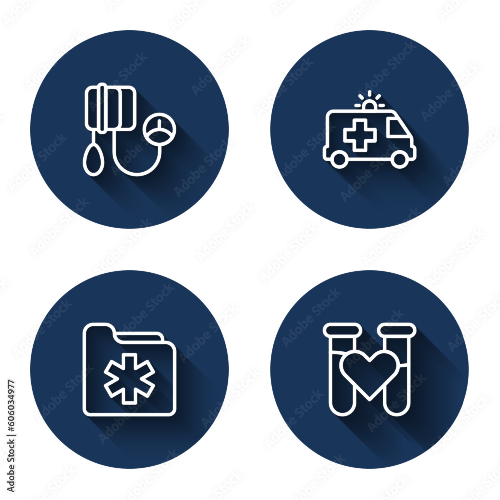 Set line Blood pressure, Ambulance car, Medical health record folder and Test tube with blood with long shadow. Blue circle button. Vector Set line Blood pressure, Ambulance car, Medical health record folder and Test tube with blood with long shadow. Blue circle button. Vector