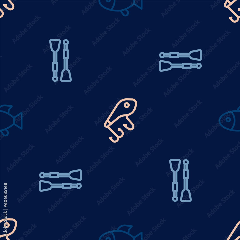 Set line Fish, Oars or paddles boat and Fishing lure on seamless pattern. Vector Set line Fish, Oars or paddles boat and Fishing lure on seamless pattern. Vector