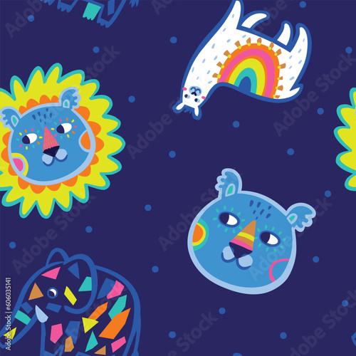 Vector seamless pattern with cute llama  elephant  lion and bear faces. Simple contemporary style