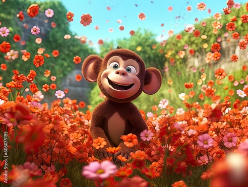 Cute cartoonmonkey  , flower background animation tale 3D . Generative AI photo