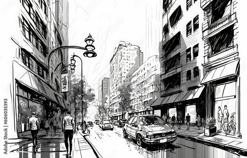 sketch of city street, cityscape, Illustration, drawing, Generative AI