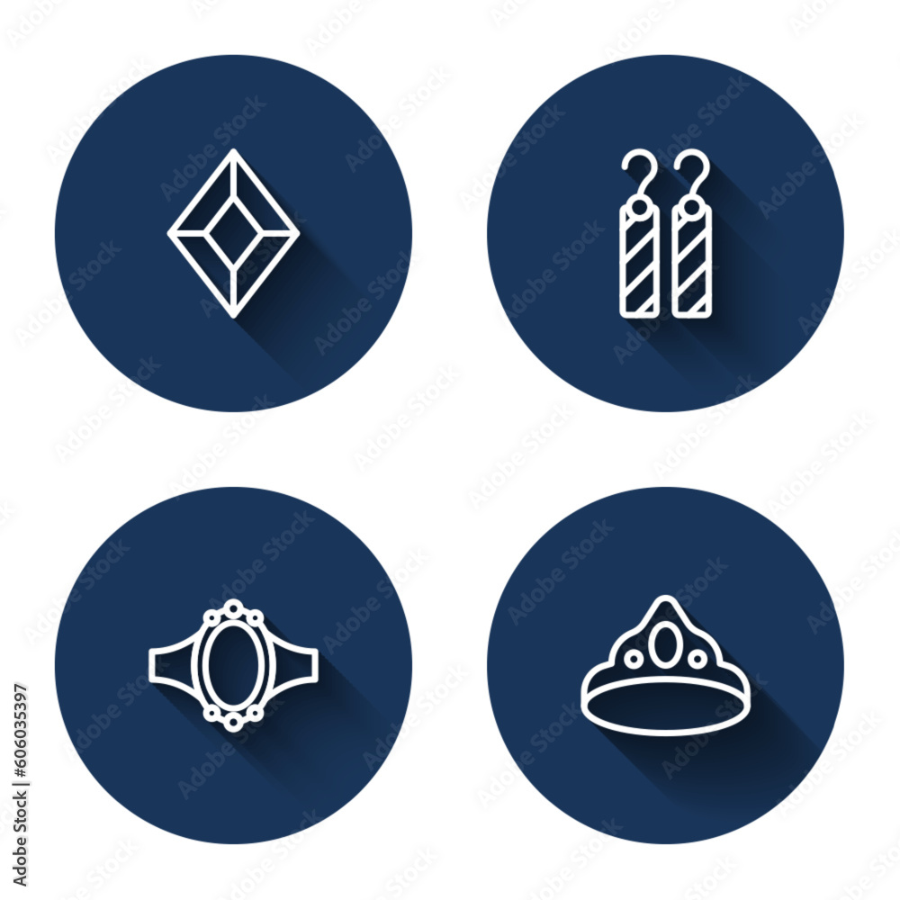 Set line Gem stone, Earrings, Diamond engagement and King crown with long shadow. Blue circle button. Vector Set line Gem stone, Earrings, Diamond engagement and King crown with long shadow. Blue circle button. Vector