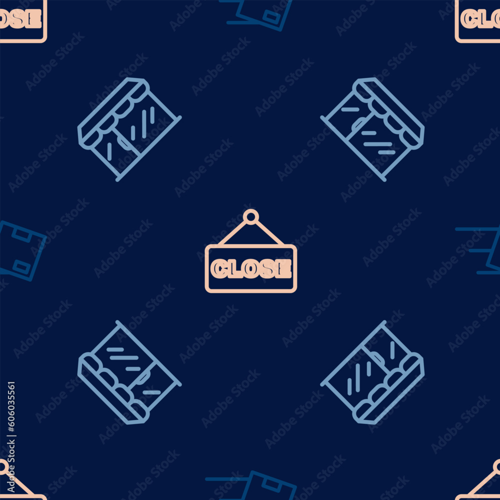 Set line Location with cardboard box, Market store and Hanging sign text Closed on seamless pattern. Vector Set line Location with cardboard box, Market store and Hanging sign text Closed on seamless pattern. Vector