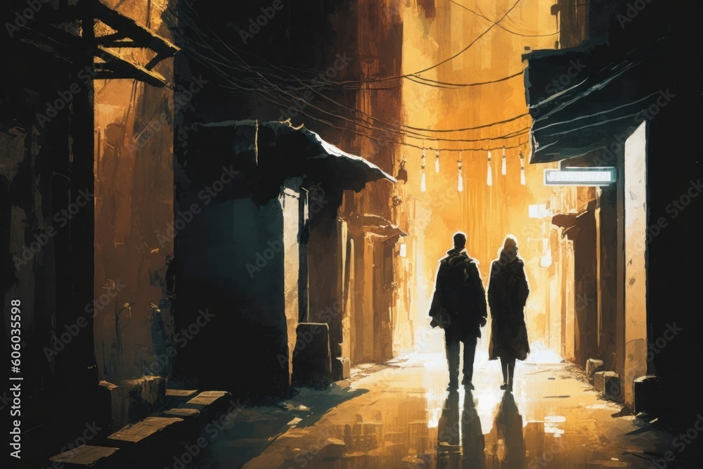 couple walking in alley at night, illustration painting, Generative AI