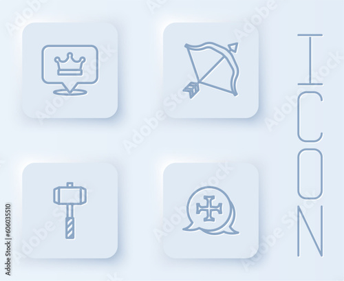 Set line King crown, Medieval bow and arrow, Battle hammer and Crusade. White square button. Vector