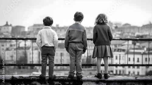 Children on bridge from behind, AI Generated 
