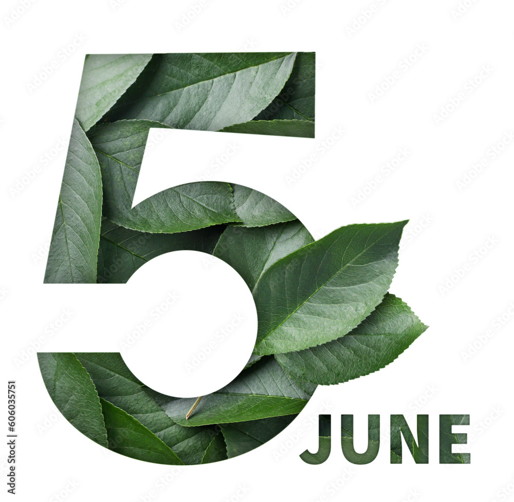World Environment Day, 5 June from green leaves on a white background. Isolated - obrazy, fototapety, plakaty 