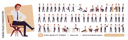 Business consultant professional male character set, bundle. Confident boy, cool manager workwear, poses, emotions, office situations. Vector flat style cartoon character isolated, white background