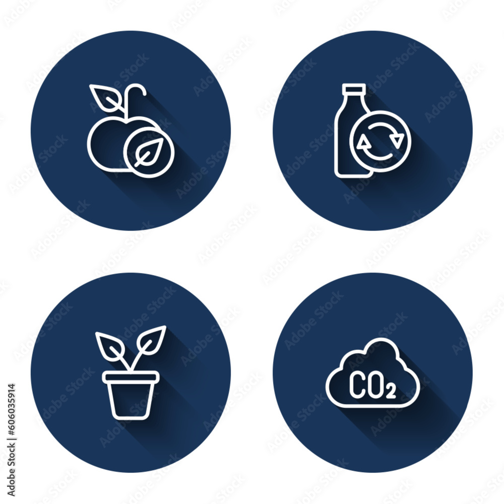 Set line Apple, Recycling plastic bottle, Plant pot and CO2 emissions cloud with long shadow. Blue circle button. Vector