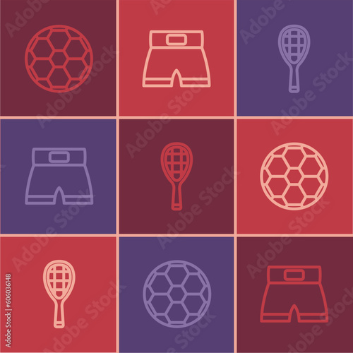 Set line Soccer football ball, Tennis racket and Boxing short icon. Vector