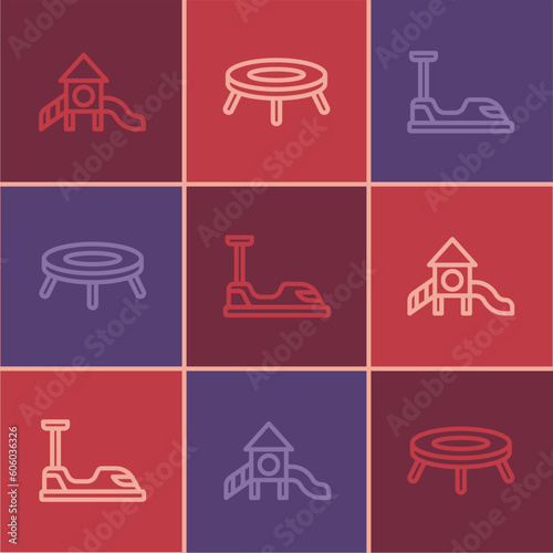 Set line Slide playground, Bumper car and Jumping trampoline icon. Vector