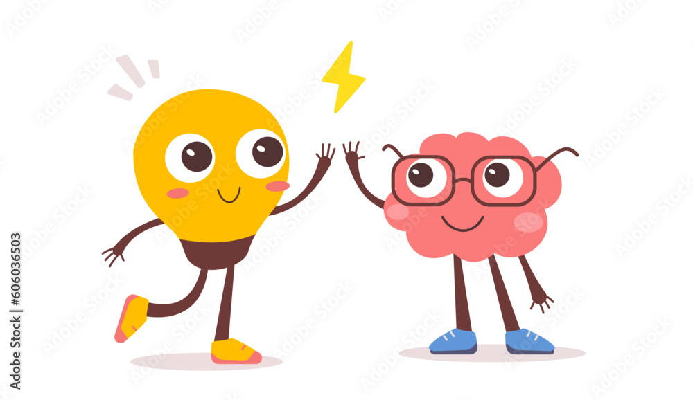 Vector illustration of happy brain and light bulb character give five on white color background. Flat style design of business team work character
