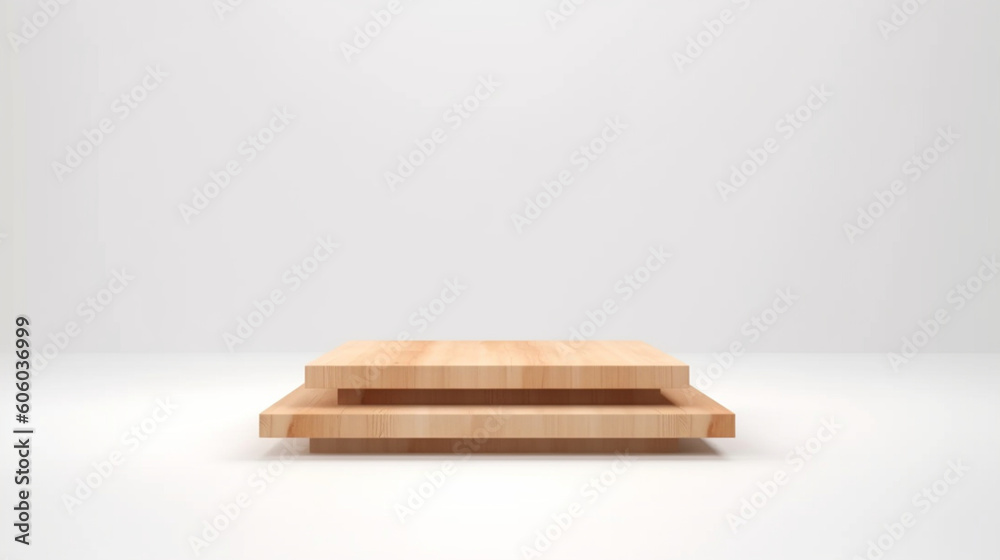 Wooden stage on a white background. A podium for the presentation of goods and cosmetics. A showcase with a stage for natural products. Generative AI
