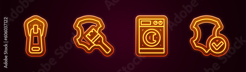 Set line Zipper, Leather, Washer and . Glowing neon icon. Vector