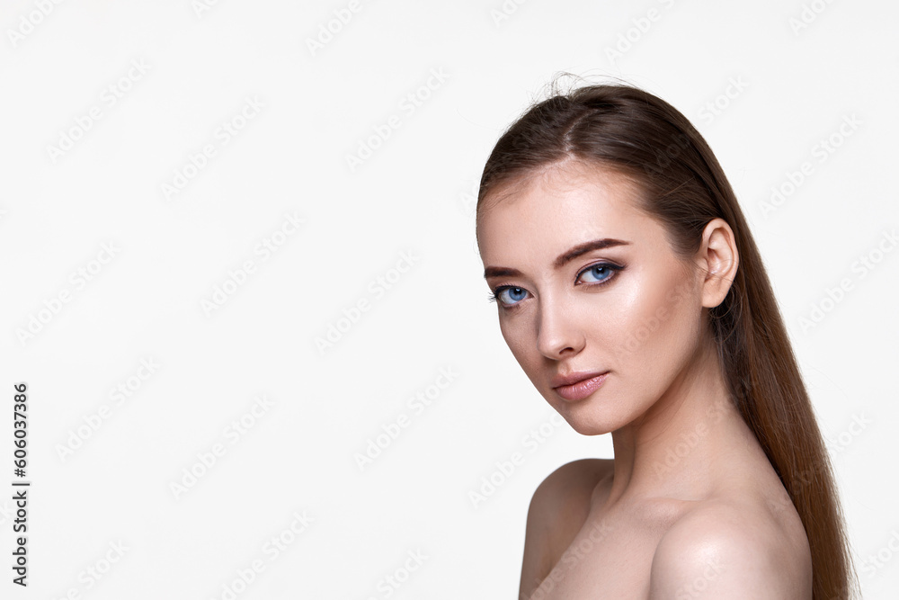 young woman with perfect skin on white background.