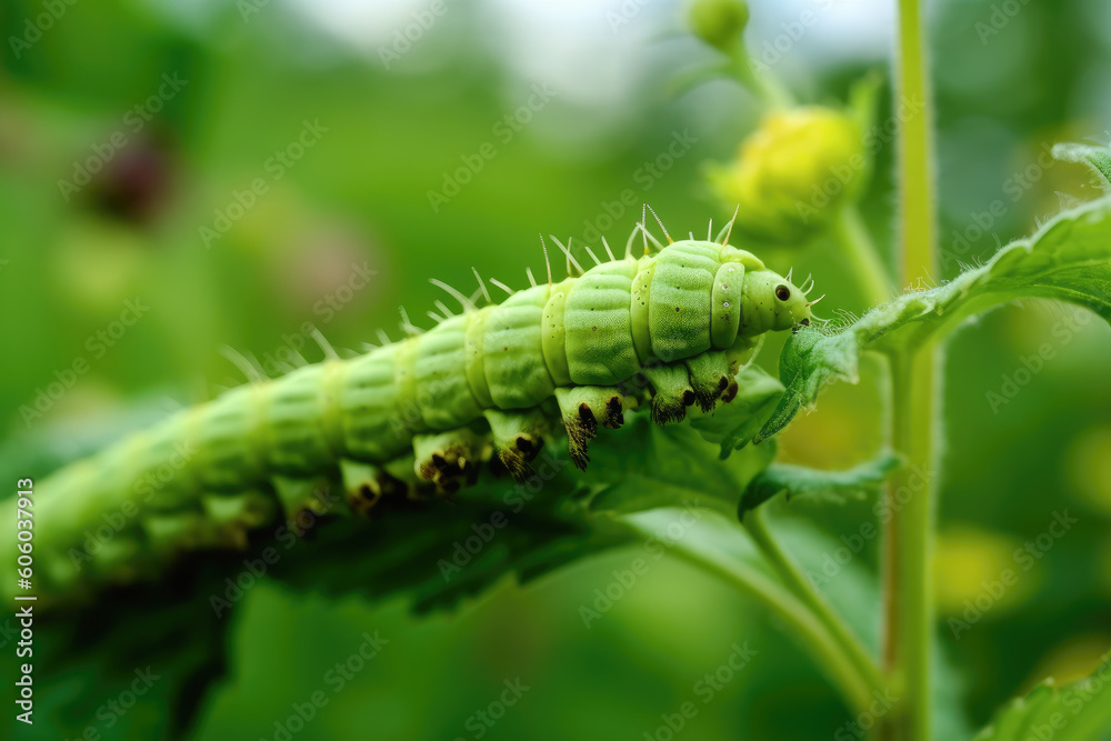 a caterpillar inching its way along the stem of the flower - Generative AI