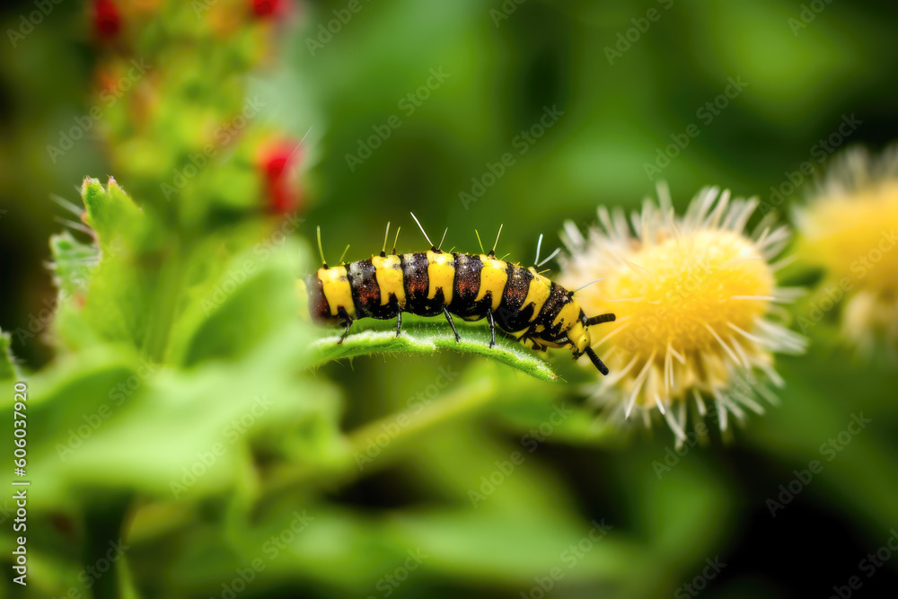 a caterpillar inching its way along the stem of the flower - Generative AI