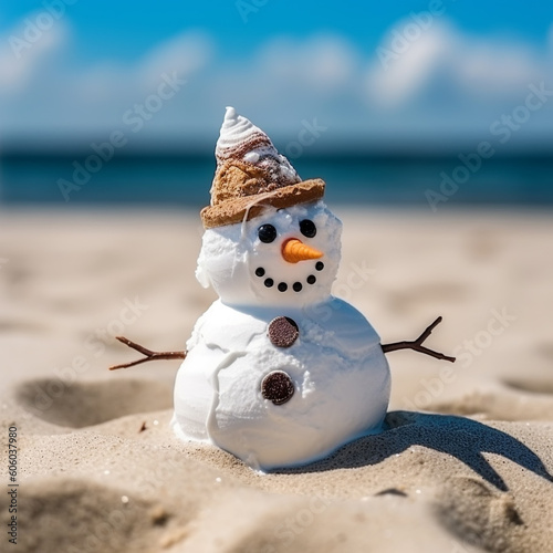 melting snowman on the beach  Generative AI