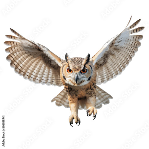 flying great horned owl isolated on white