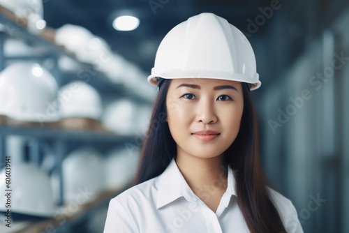 smile woman engineer helmet business job asian portrait beautiful industry industrial. Generative AI.