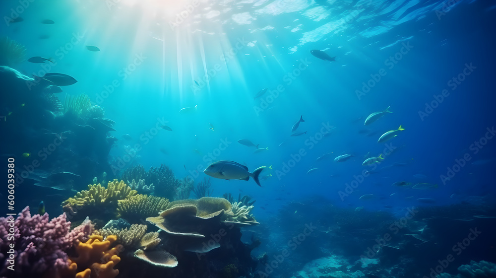 Beautiful underwater view of the coral reef. Life in the ocean. School of fish. Generative AI