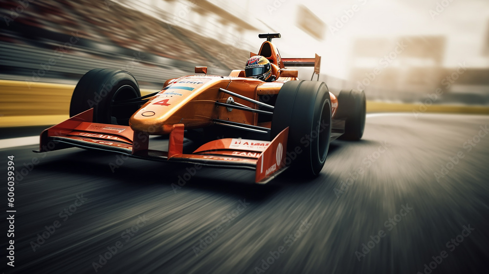 Naklejka premium Racing car on a racing car passes the track. Motor sports competitive with blur background, Generative Ai