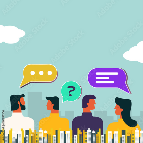 Vector Illustration of man and women figure, flat style, discussing social network, news, social networks, chat, dialogue speech bubbles, etc. with city buildings scape. 