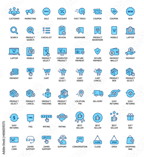Set of E-commerce icons, ?collection of shopping icons for E-commerce, Shopping line icons set. Modern graphic design concepts, simple line elements collection. Vector line icons for e-commerce.