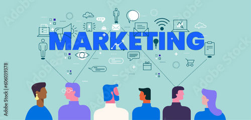 Vector creative illustration of marketing word lettering typography with human figure, line icons and marketing icon elements. Marketing, email, growth, solution technology concept. 