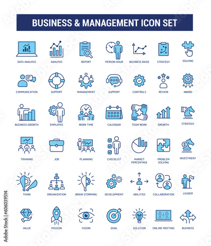 The Business and Management Outline fill Icon Collection. Thin Line Set contains such Icons as strategy, report, support, review, award, team, solution, mission, vision, and more. 