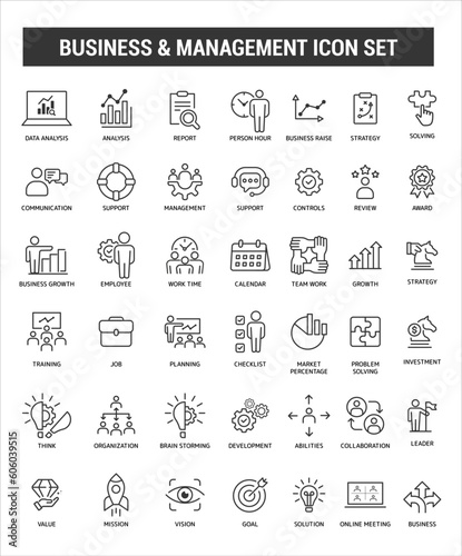 The Business and Management Outline Icon Collection. Thin Line Set contains such Icons as strategy, report, support, review, award, team, solution, mission, vision, and more. Simple web icons set.